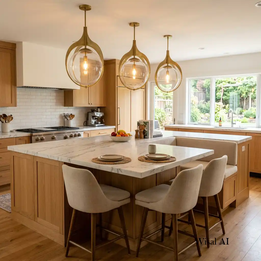Luxury kitchen island illuminated by oversized statement pendant lights.
