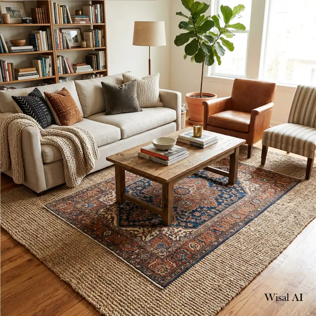 Designer living room featuring layered rugs adding texture, warmth, and visual depth.