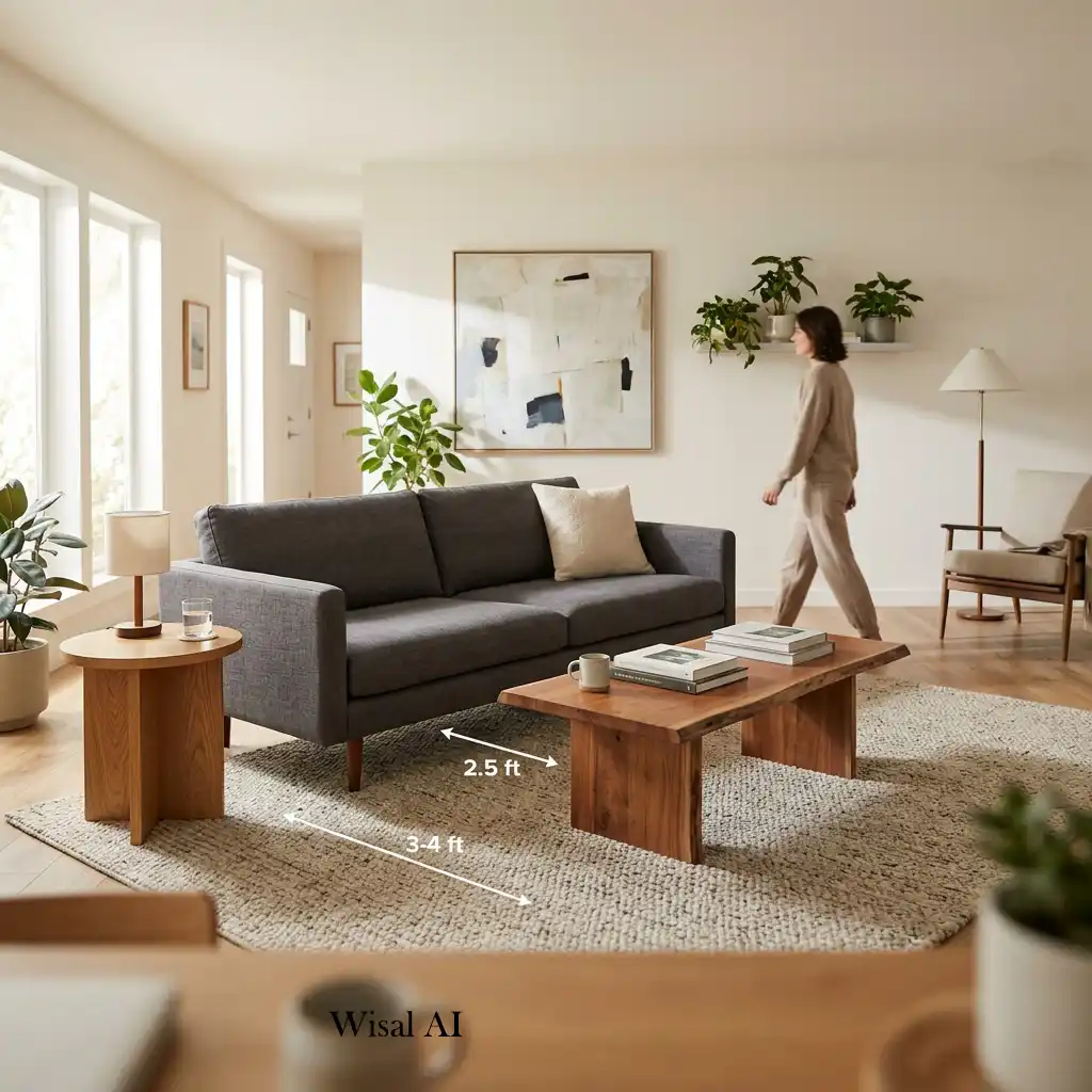 Well-arranged living room with comfortable spacing around the sofa for easy movement.