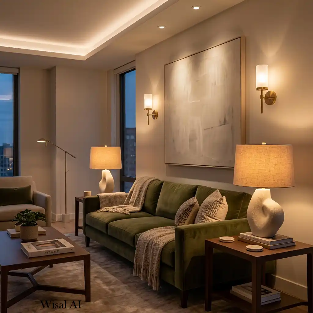 Elegant marble table lamp on a side table providing warm reading light.