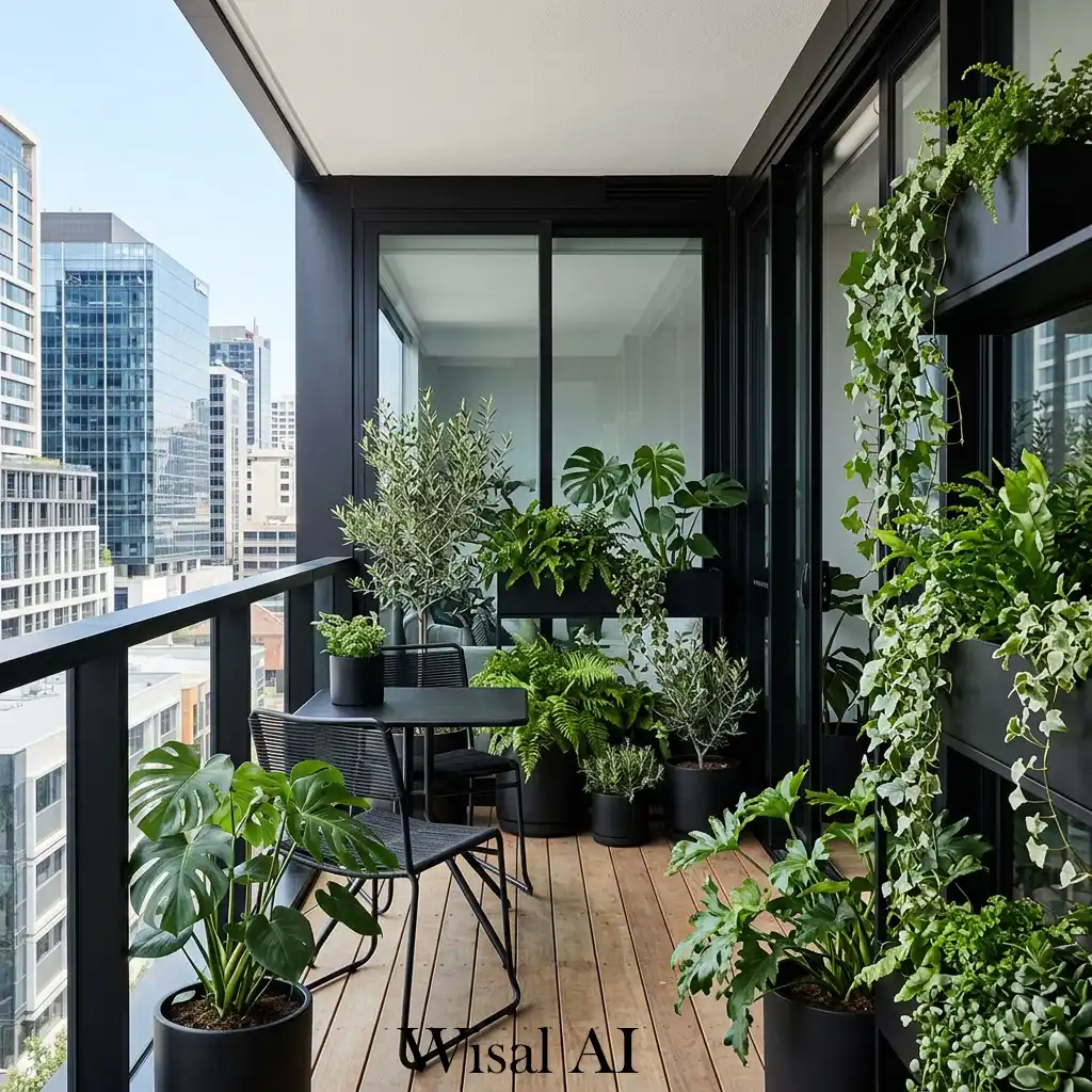 Modern balcony with black accents and vibrant greenery