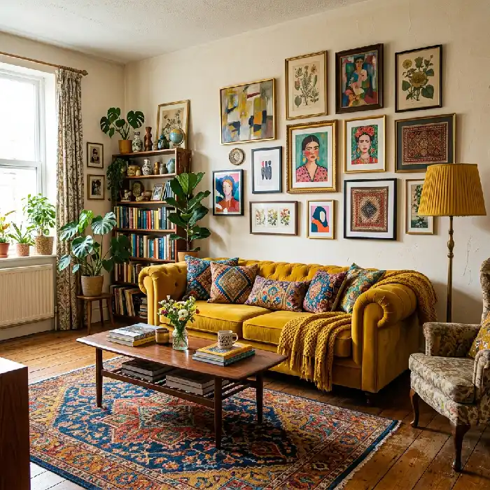 Eclectic living room with mustard yellow sofa, colorful artwork, and mixed textures