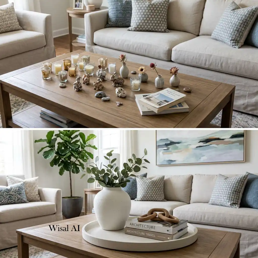 Elegant living room styled with large decorative accessories creating a refined spacious feel.