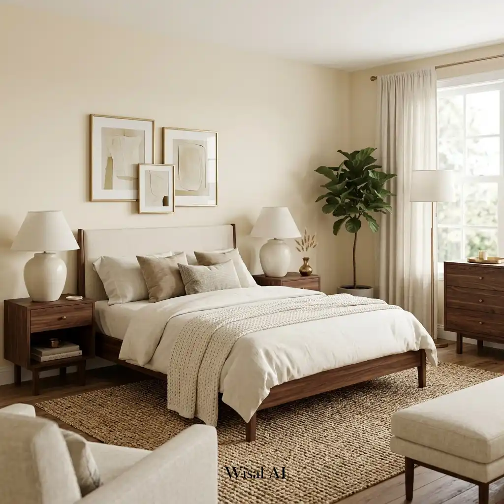 Timeless bedroom showcasing walnut wood furniture against elegant ivory walls beautifully.