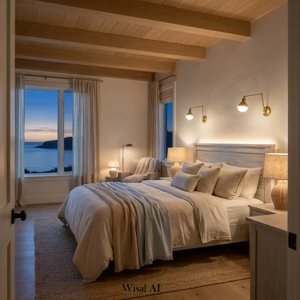 Beach house bedroom illuminated by soft ambient lighting and warm tones.