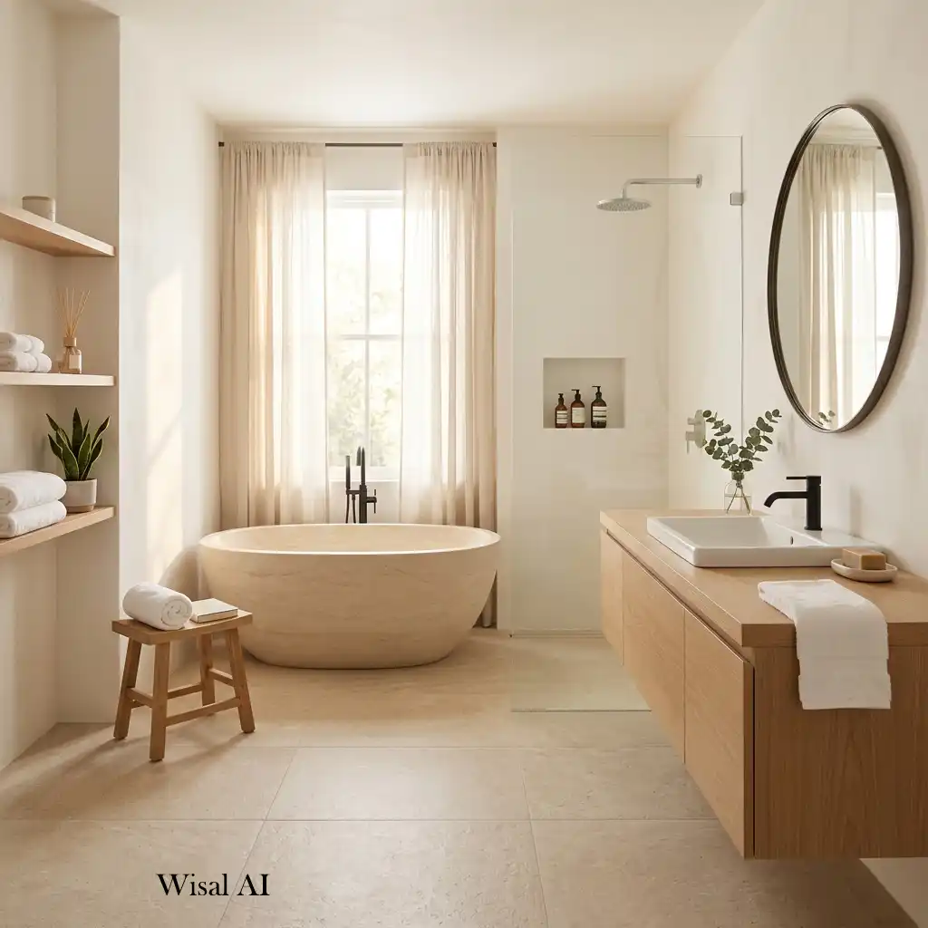 Peaceful luxury bathroom designed with soft lighting, natural materials, organized storage, plush textiles, and calming spa-inspired décor.