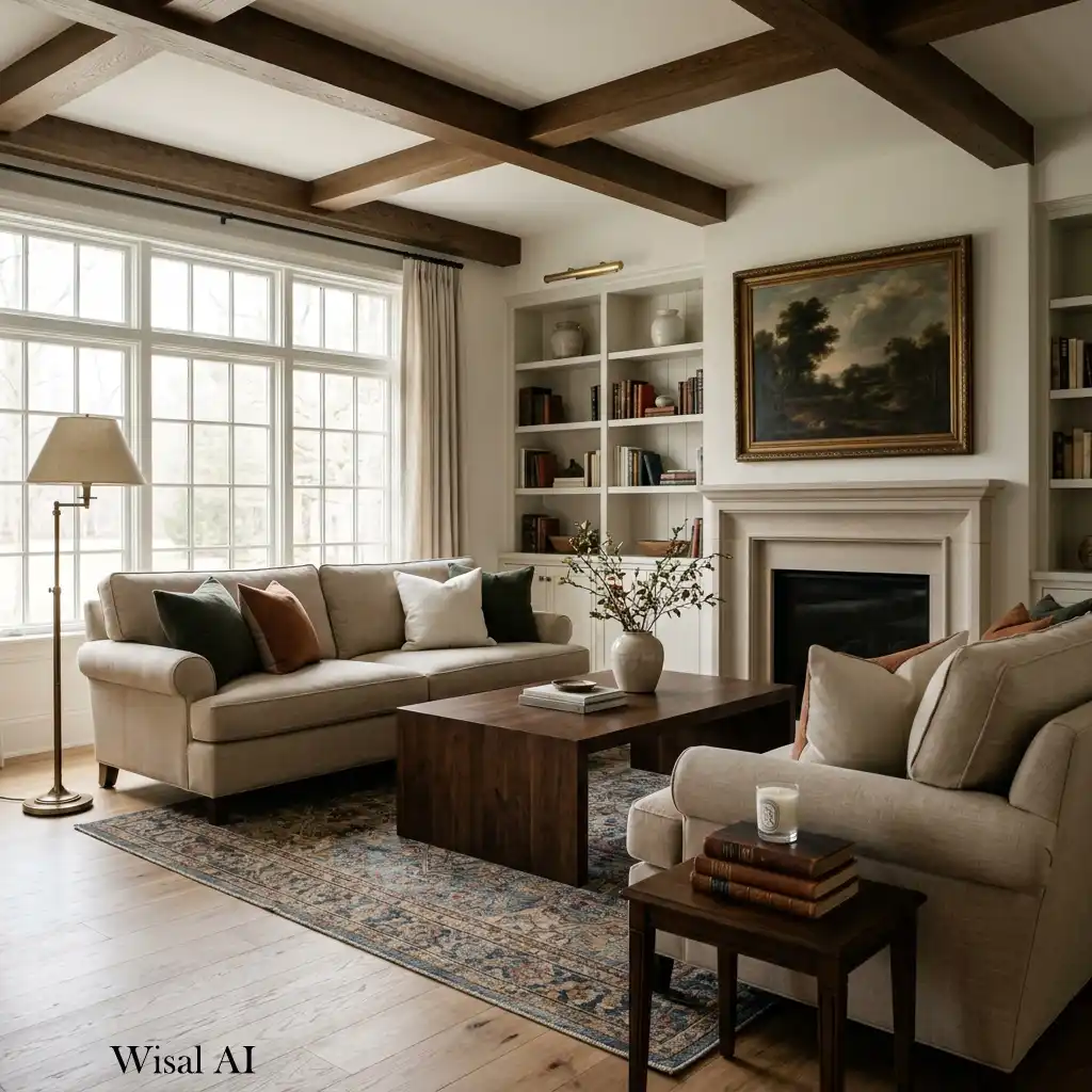 Timeless luxury living room featuring classic furniture and natural materials.