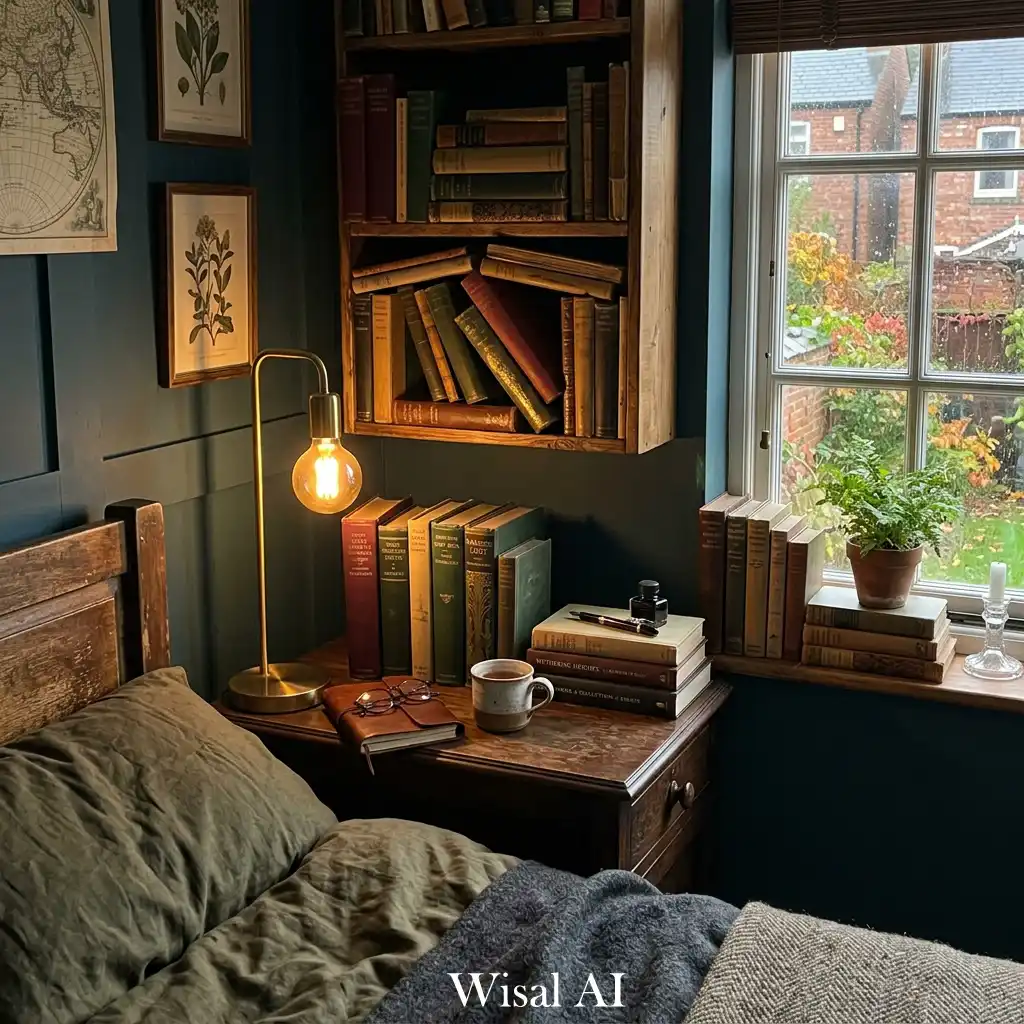 Dark academia bedroom with floor-to-ceiling curtains and warm atmosphere