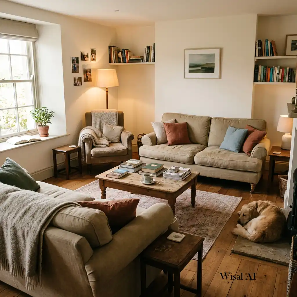 Comfortable living room designed with functional furniture for everyday warmth and family gatherings.