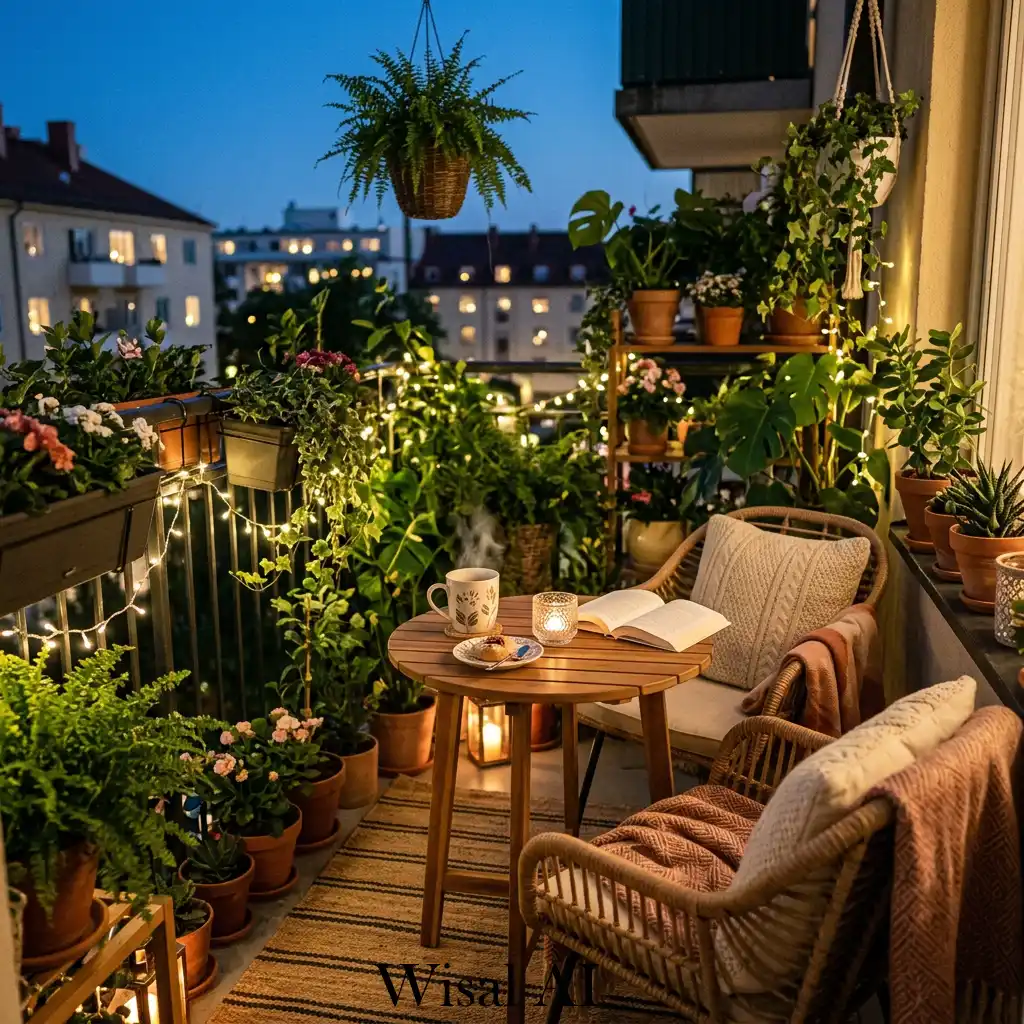 Cozy coffee corner surrounded by green balcony plants