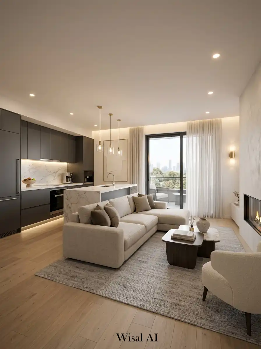 15. Hotel-Inspired Modern Open-Plan Kitchen and Living Room Idea