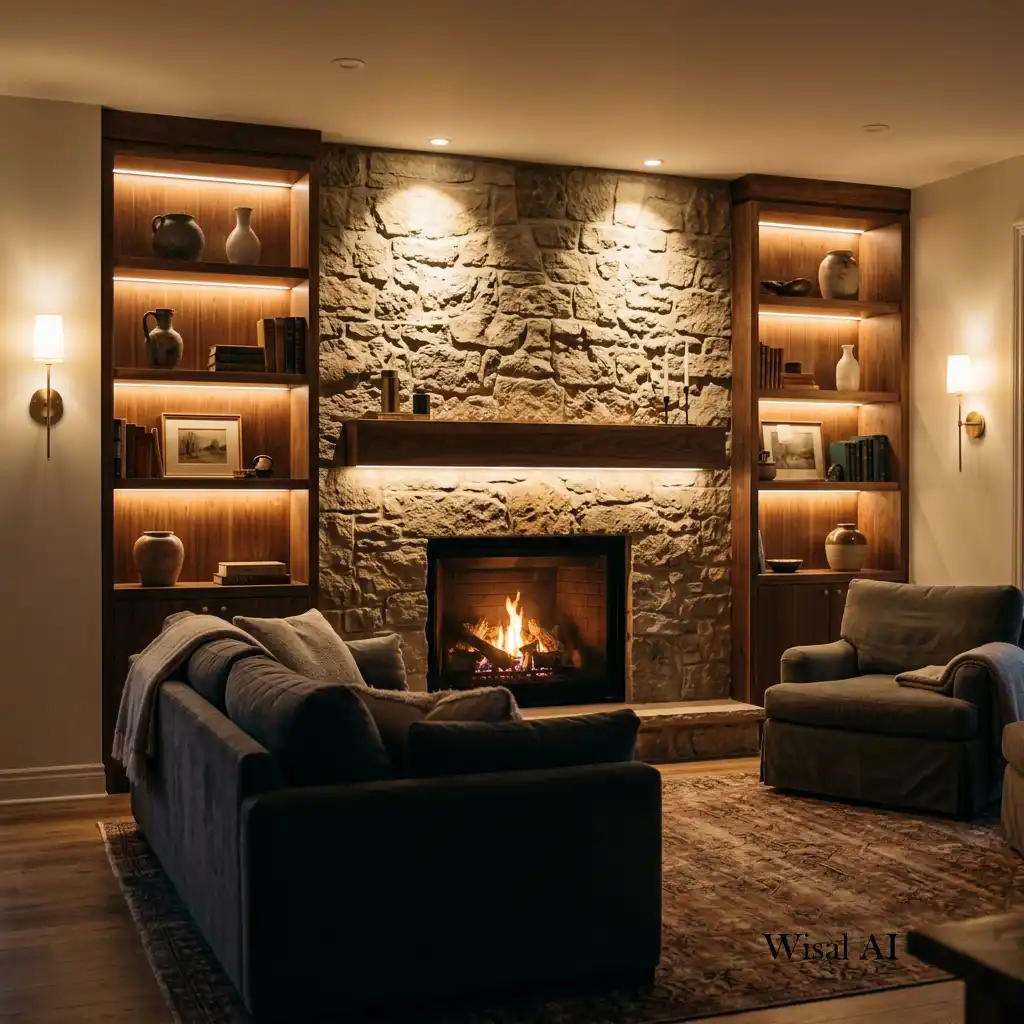 Modern fireplace wall enhanced with accent lighting and illuminated shelving.