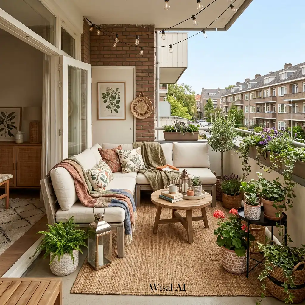 Luxury-inspired small balcony designed as an outdoor living room with elegant furniture and décor.