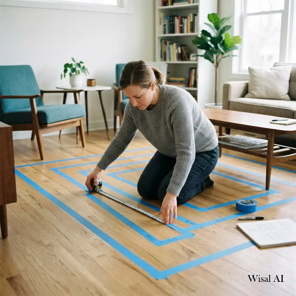 Interior designer measuring rug placement before arranging furniture for perfect room proportions.
