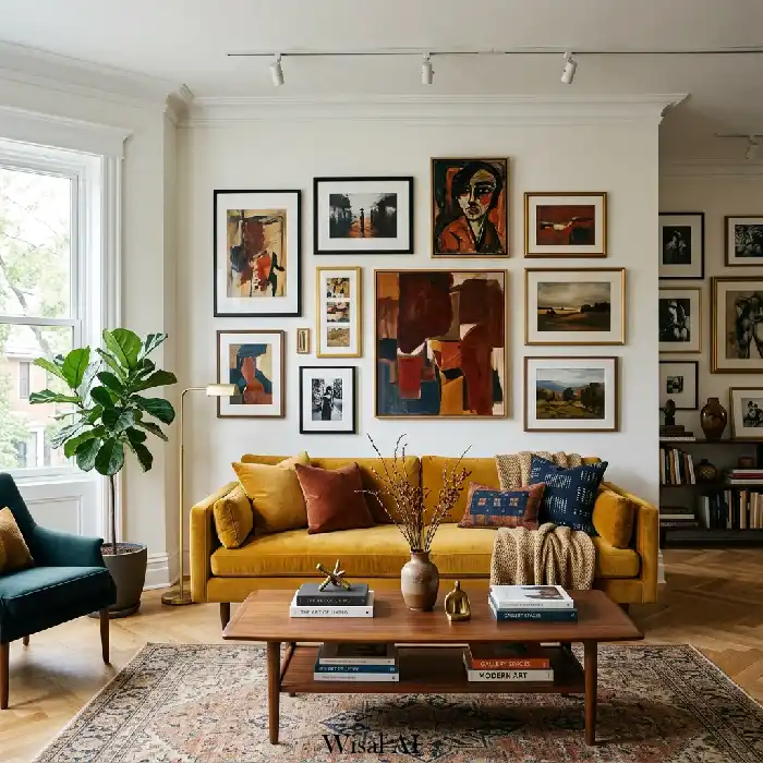Art gallery style living room with mustard yellow seating and curated wall art display