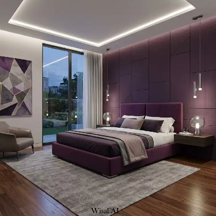 Soft lilac dreamy bedroom with airy lighting and delicate pastel tones
