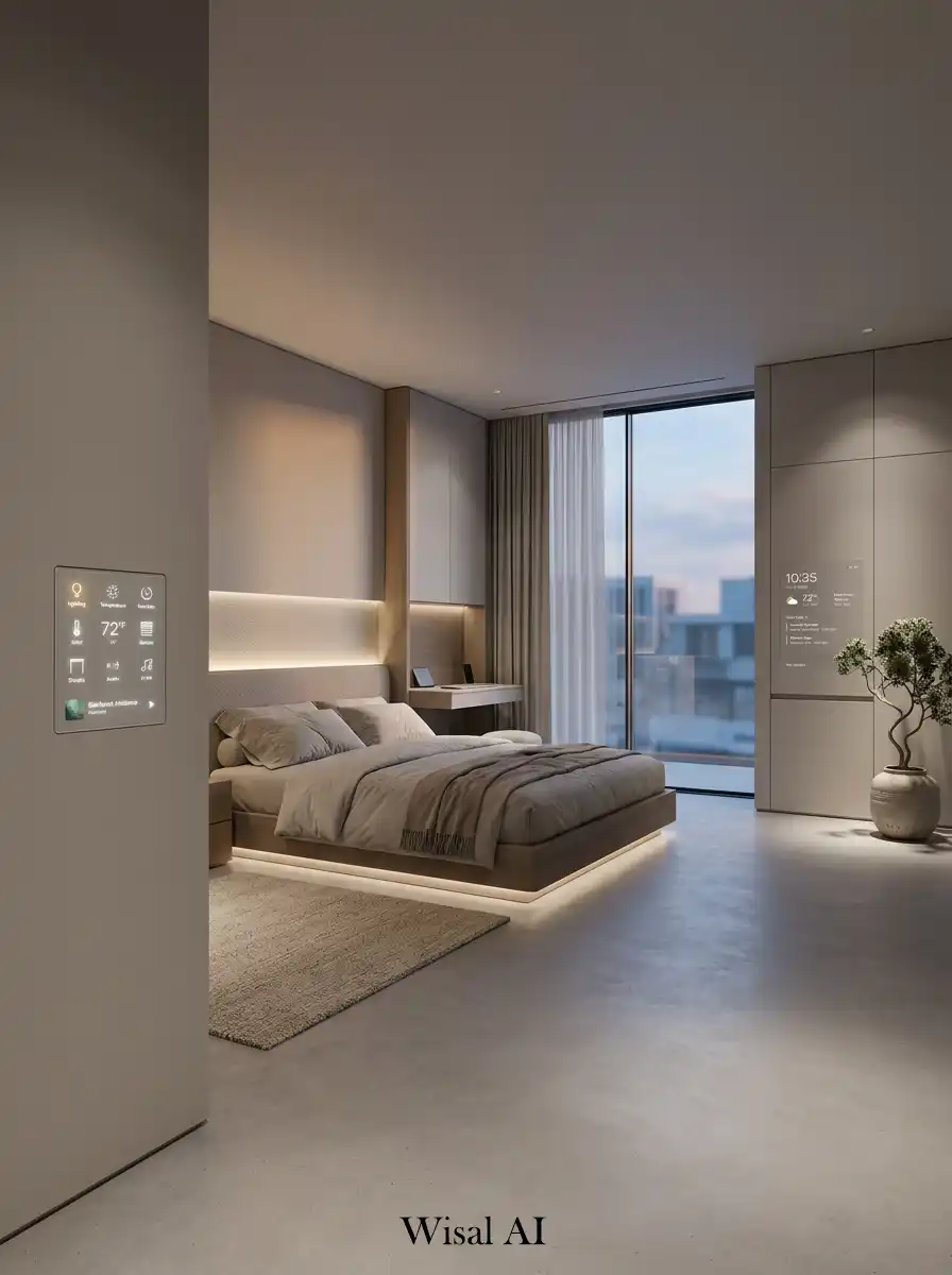 Futuristic bedroom with full smart automation and connected systems.