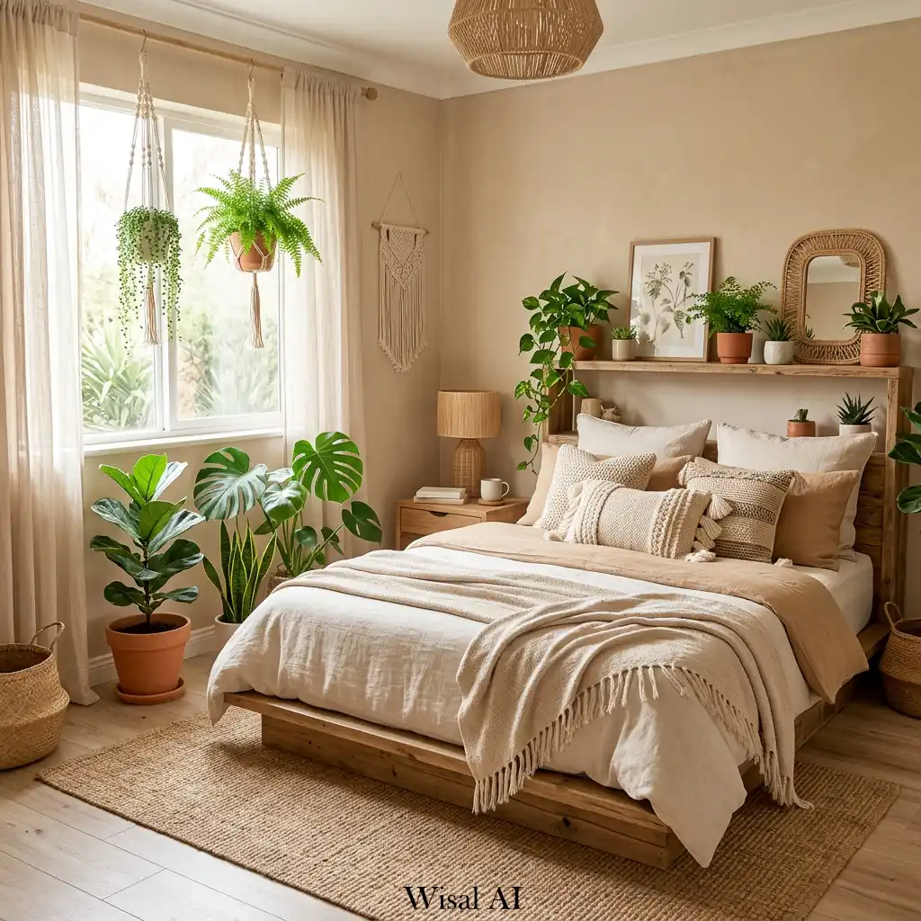 Natural boho bedroom with indoor plants and earthy tan palette