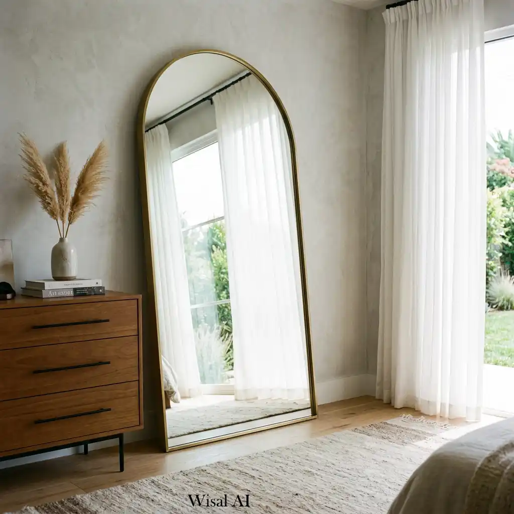 Bright bedroom featuring a large full-length mirror reflecting natural light beautifully.
