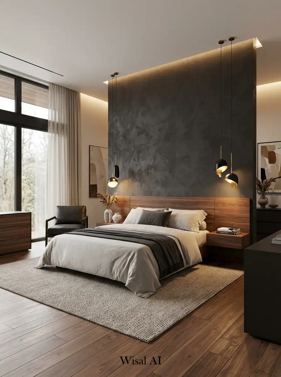 Contemporary bedroom featuring charcoal accents and walnut wood textures creating a strong architectural modern luxury interior design.