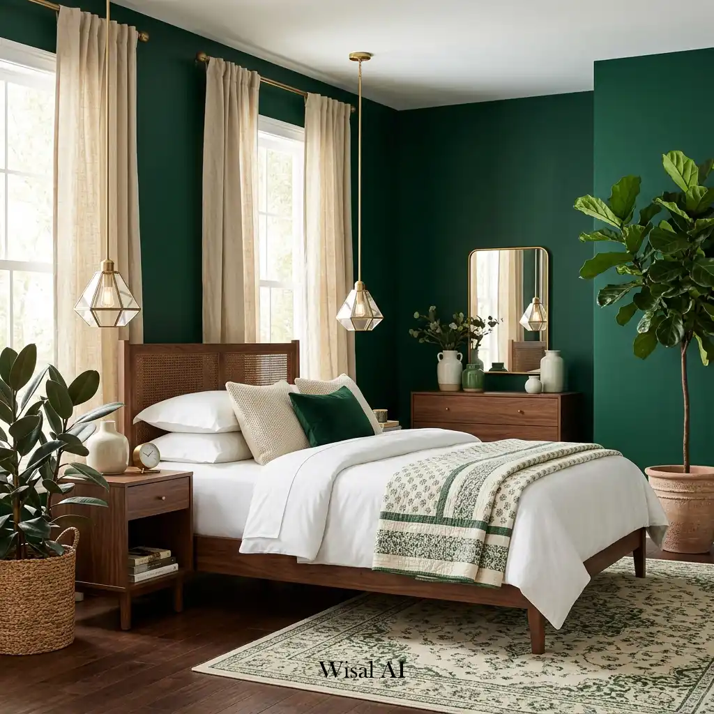 Luxury bedroom featuring deep forest green walls with warm cream decorative details.
