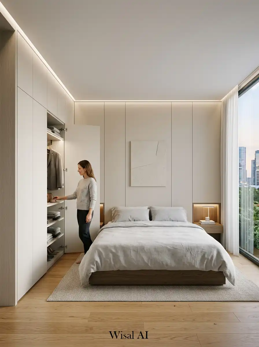 Minimal bedroom with fully integrated hidden wall storage system.