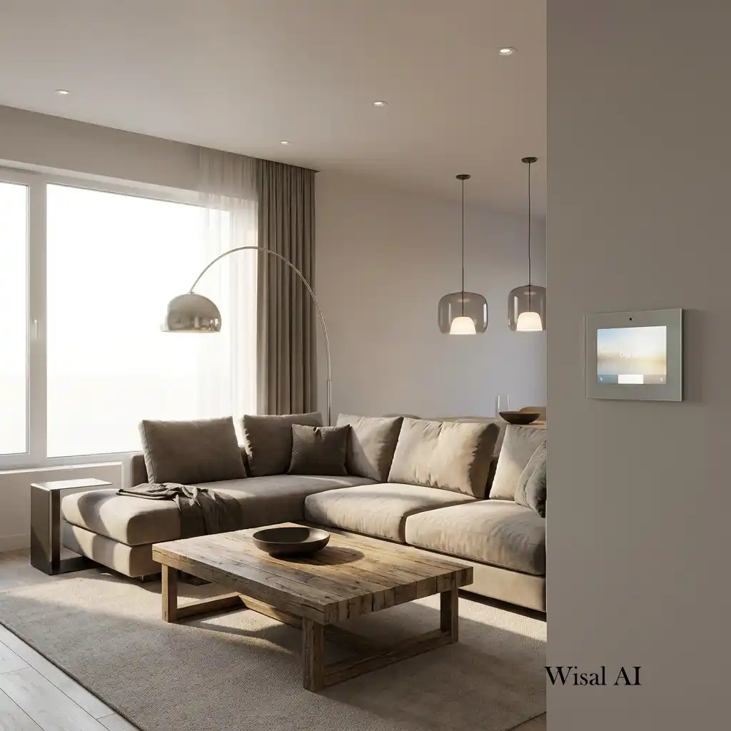 Smart lighting system controlling multiple lighting scenes in a contemporary living room.