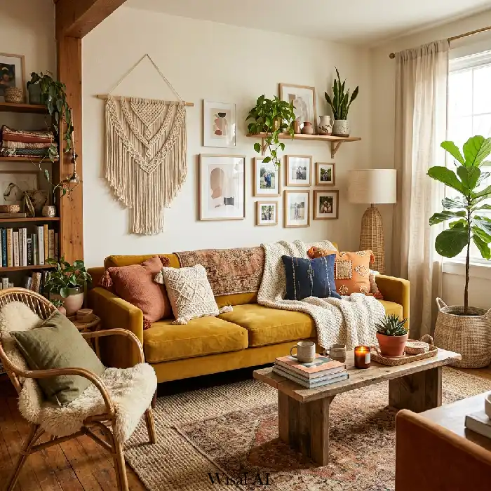 Bohemian living room with mustard yellow sofa, macramé wall decor, and earthy textures