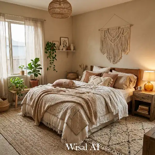 Layered boho bedroom with soft textiles and warm cozy atmosphere