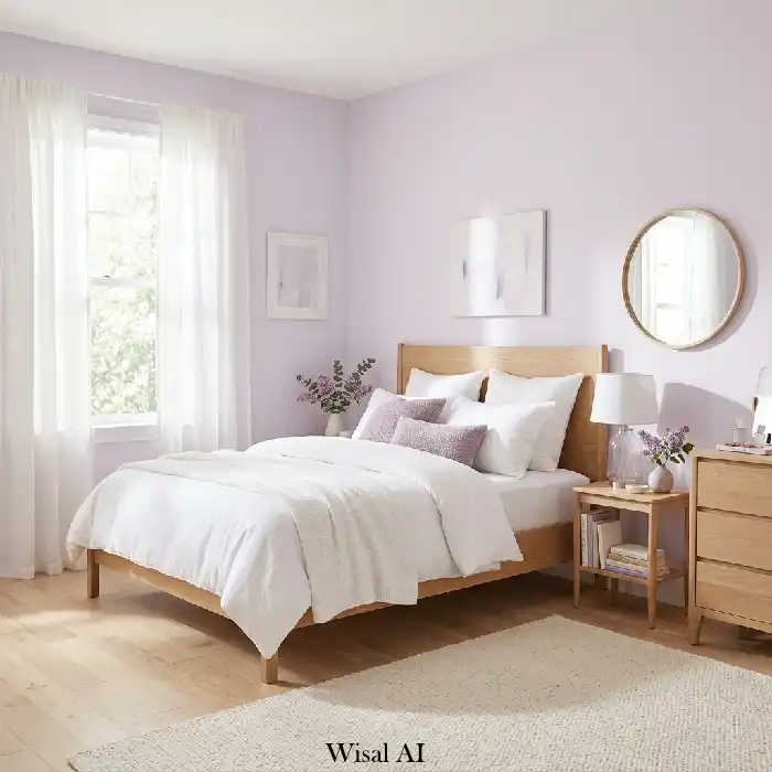 Organic modern purple bedroom with natural textures and calming aesthetic