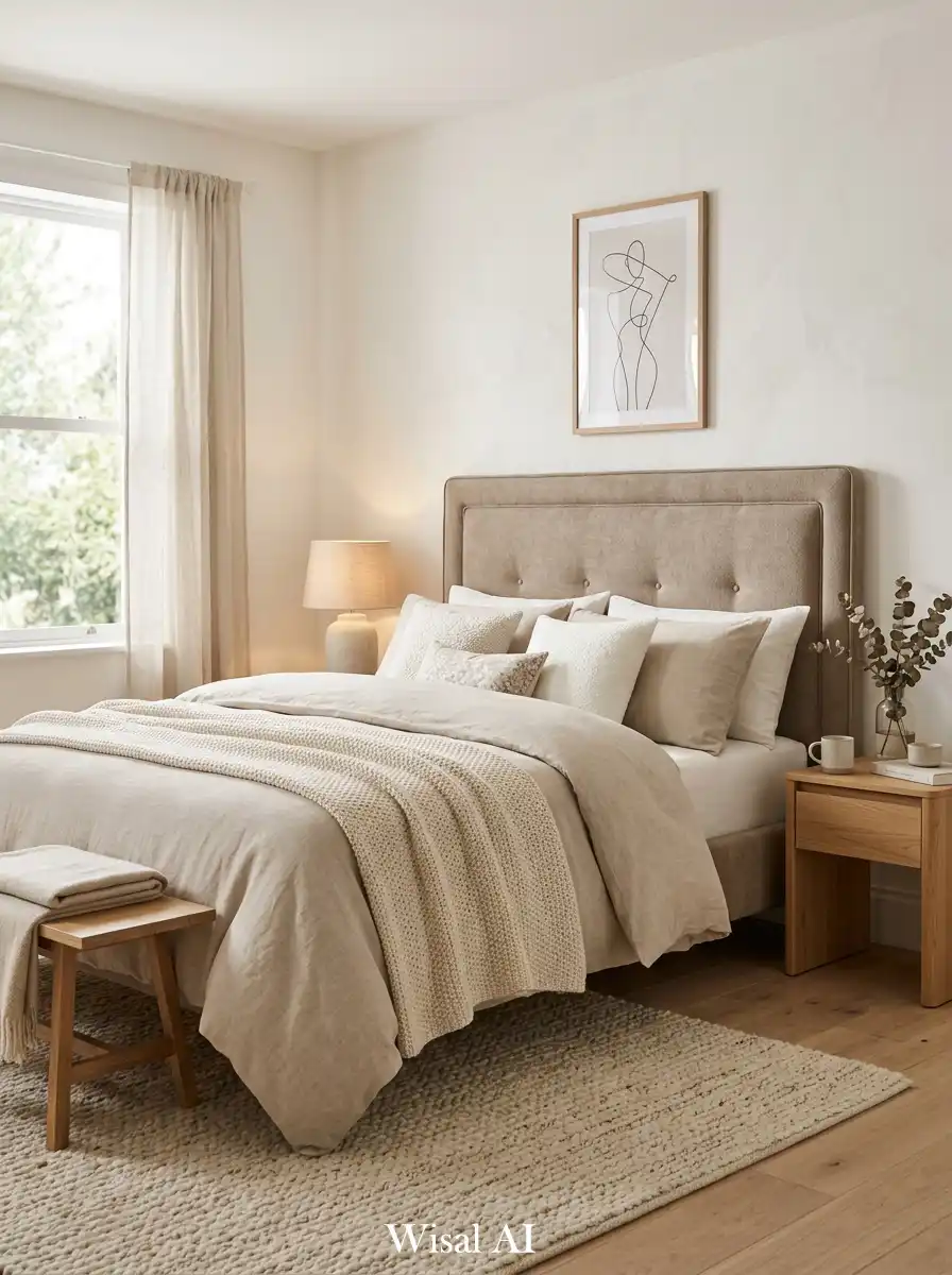 16. Warm Minimal Bedroom with Soft Headboard