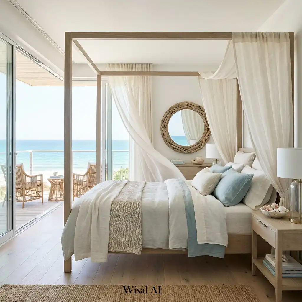 Coastal bedroom with textured plaster walls and natural elegance.