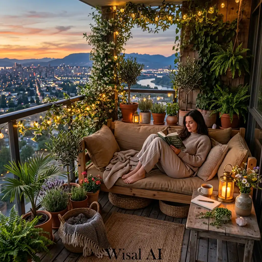Ultimate dream balcony sanctuary with cozy seating and plants