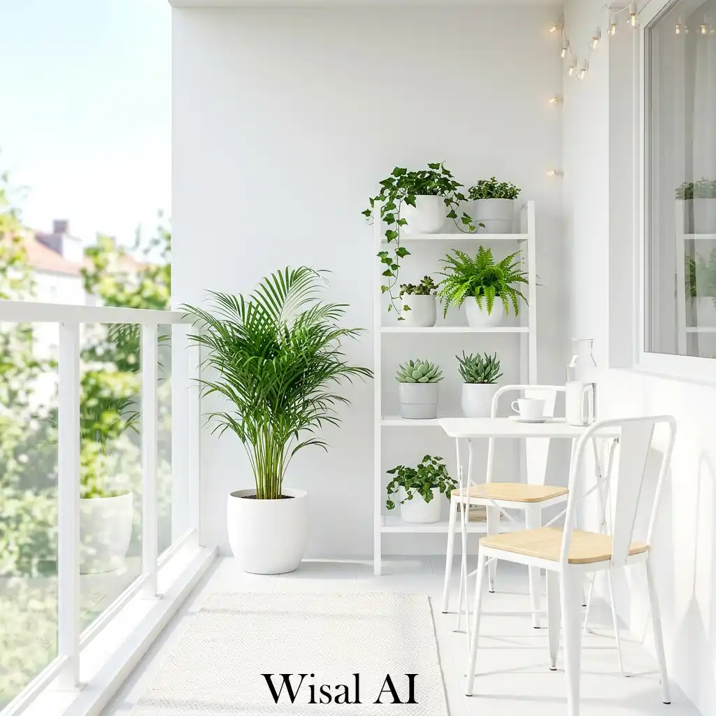 White minimalist balcony enhanced with fresh green plants
