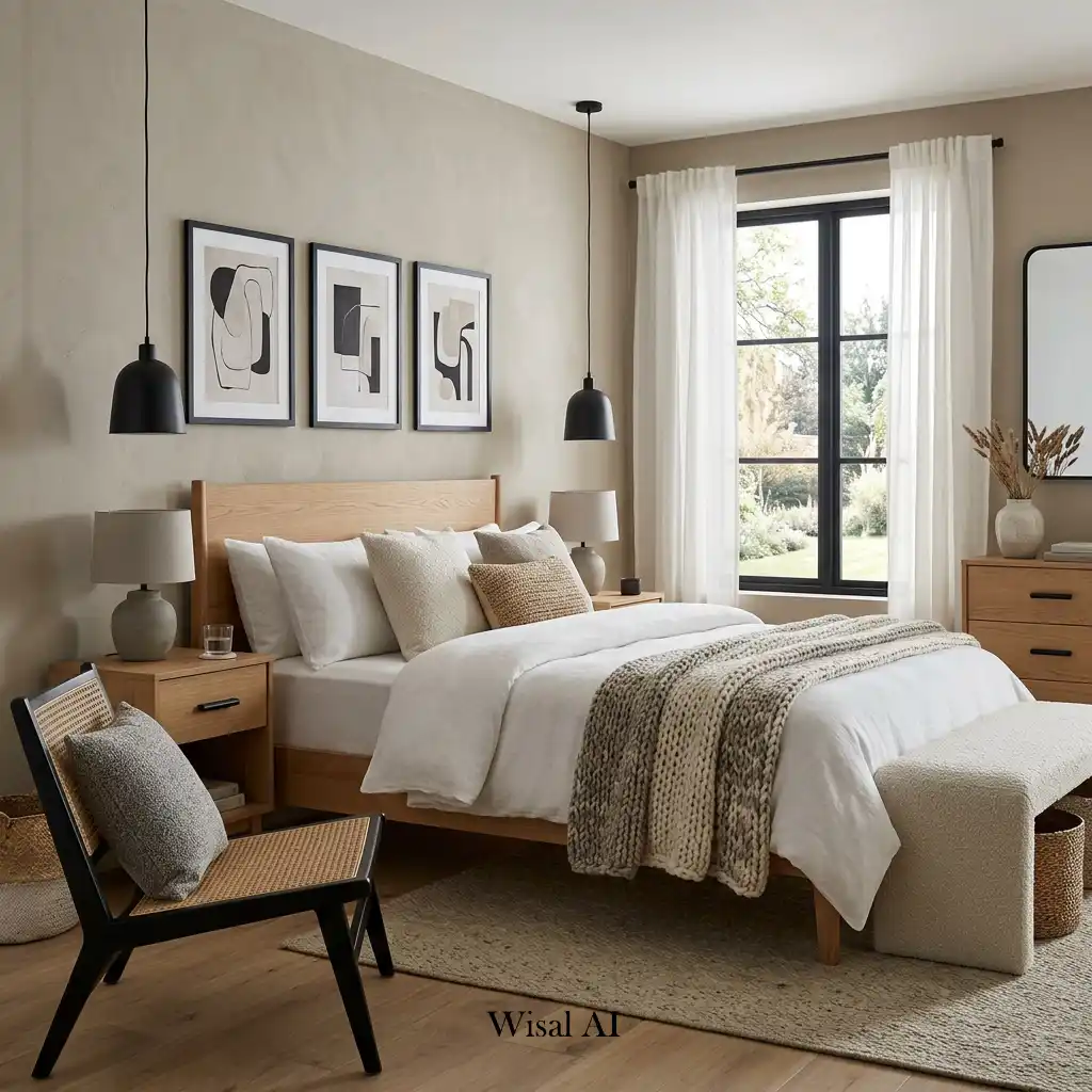 Contemporary bedroom combining greige interiors with soft black accents and natural textures.
