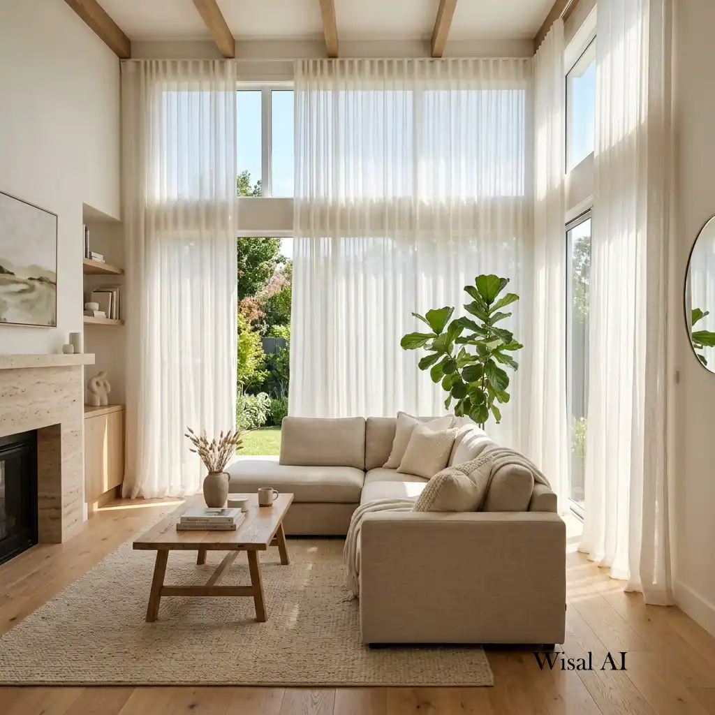Bright living room filled with natural daylight through floor-to-ceiling sheer curtains.