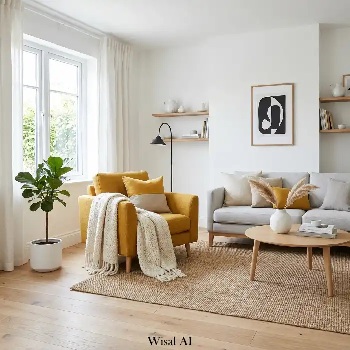 Scandinavian cozy living room with mustard yellow accents and soft neutral palette