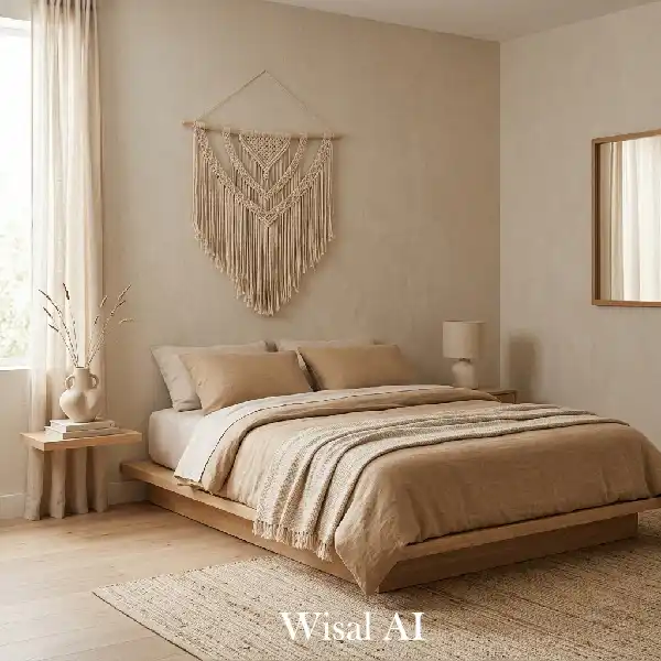 Minimal elegant boho bedroom with clean tan design and natural simplicity