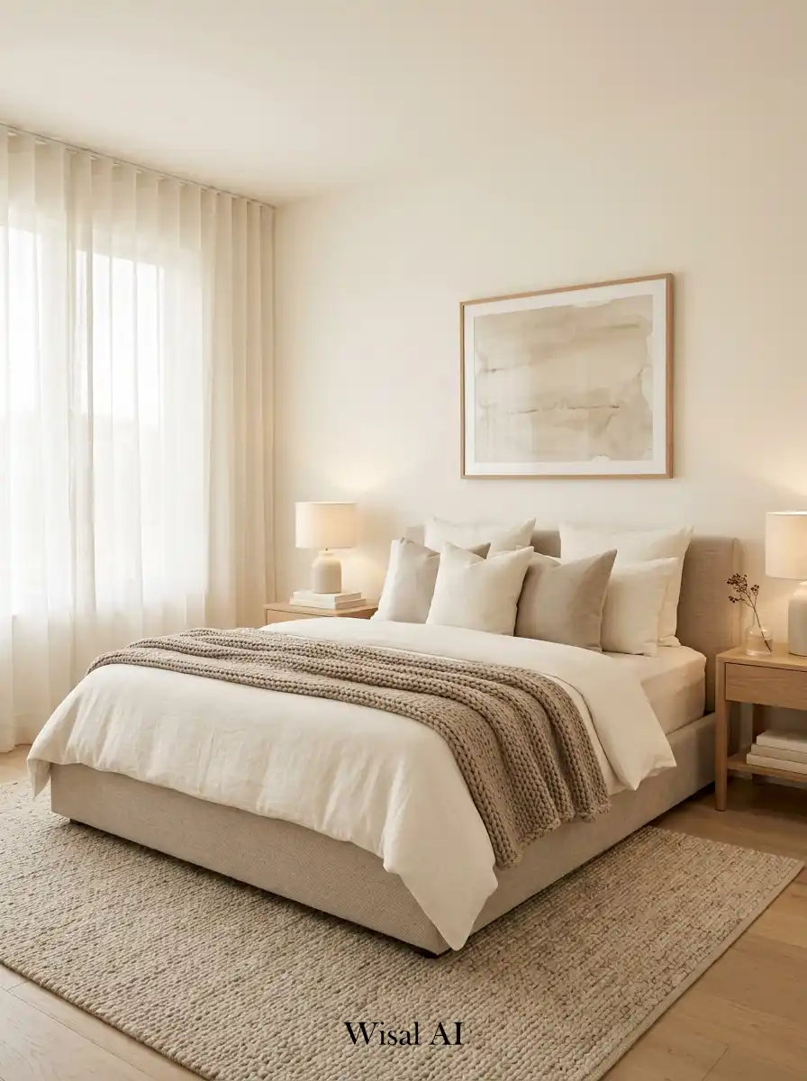 Minimal bedroom design combining soft taupe and cream tones creating a warm elegant and soft luxury interior atmosphere.