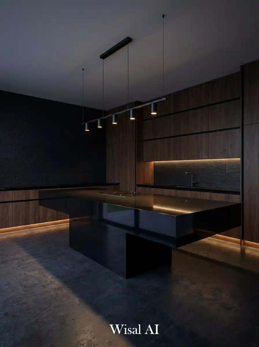 17. The Cantilevered Obsidian & Shadow-Gap Kitchen