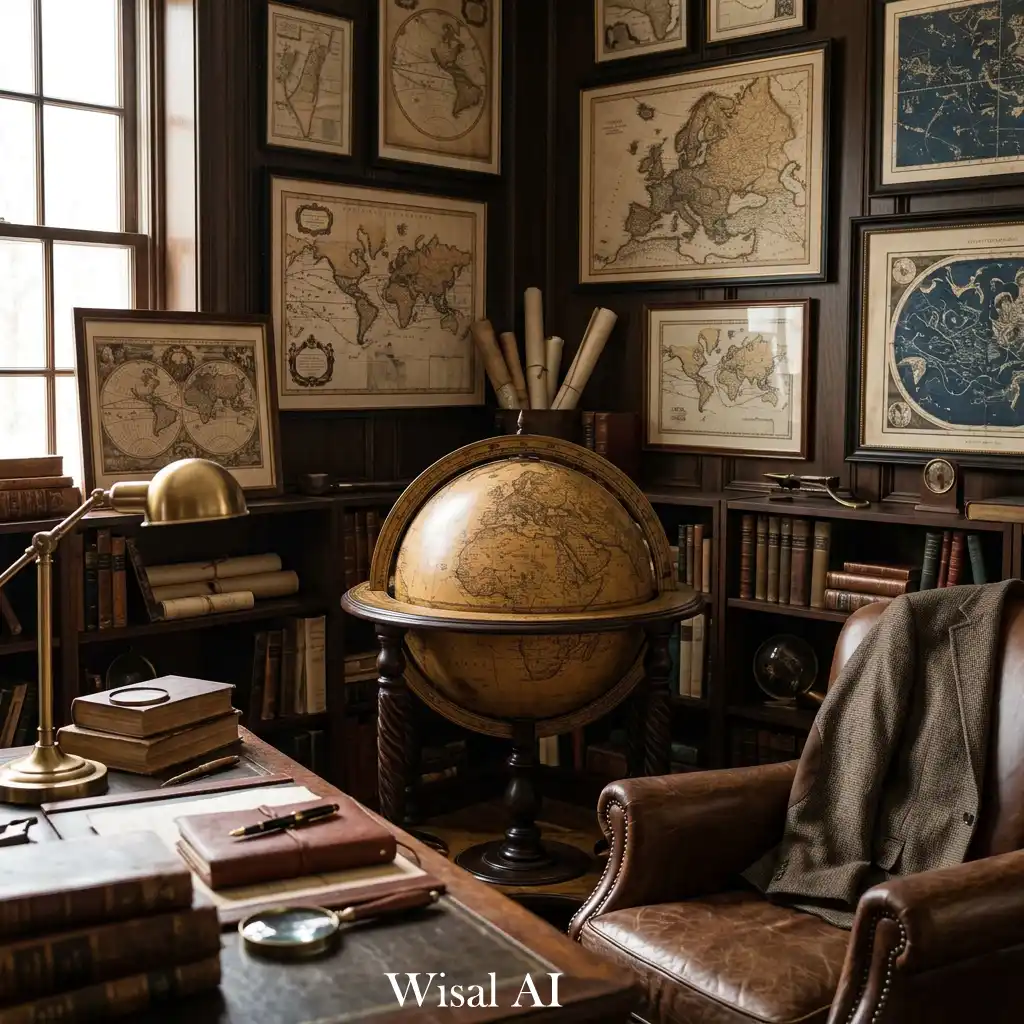 Dark academia bedroom decorated with antique globe and vintage accessories