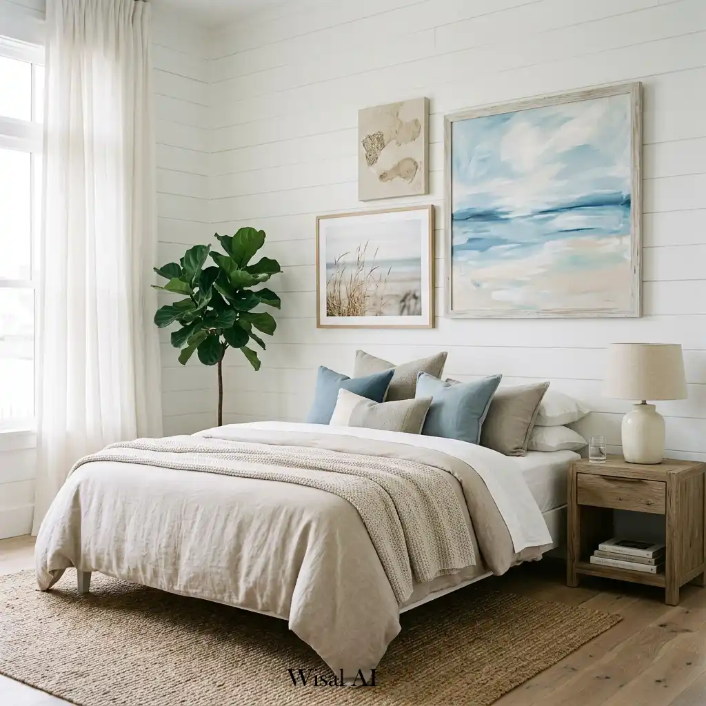 Coastal bedroom decorated with layered artwork inspired by nature.