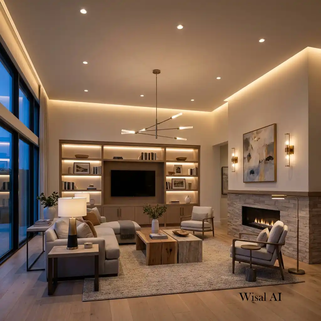 Luxury modern living room showcasing a complete layered lighting design with chandeliers, recessed lights, wall sconces, LED accents, and decorative lamps.