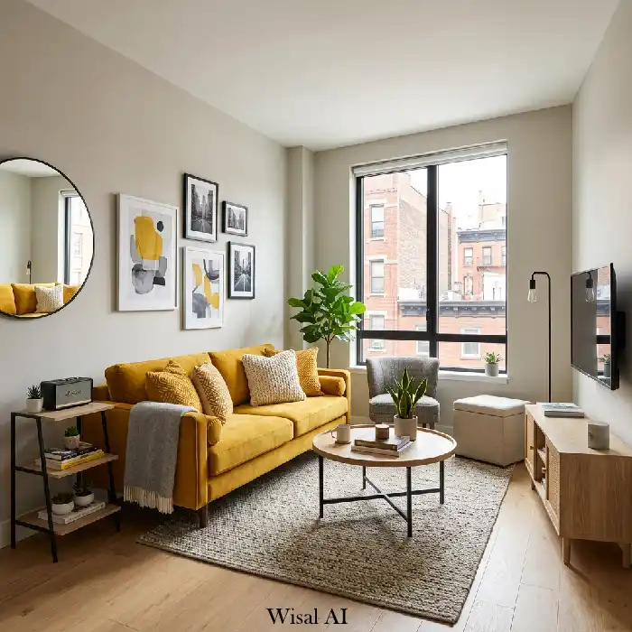 Urban apartment living room with mustard yellow sofa and compact modern layout