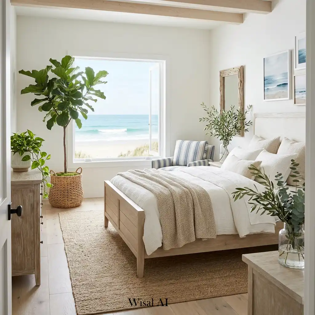 Beach house bedroom with indoor plants and fresh natural greenery.