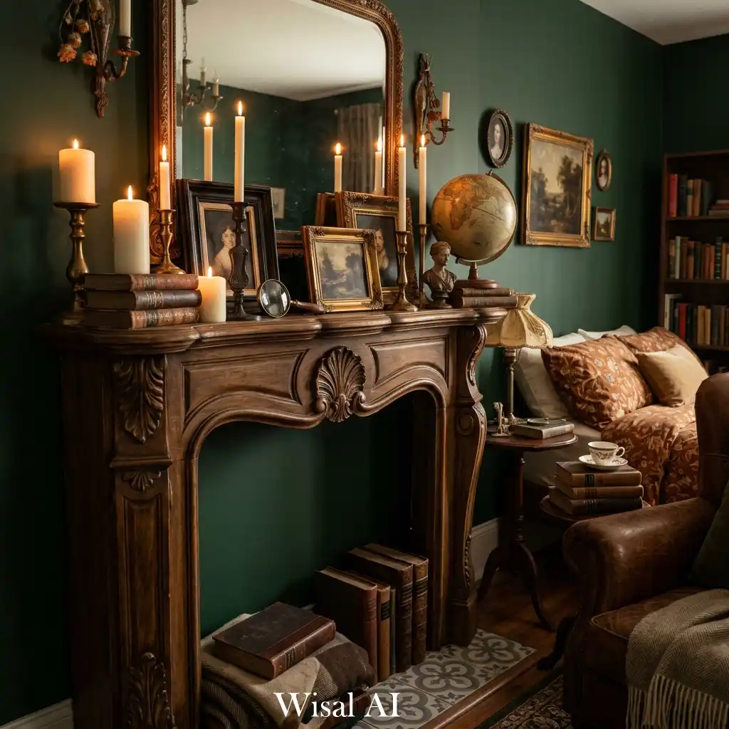 Cozy bedroom with fireplace-inspired mantel and layered candlelight