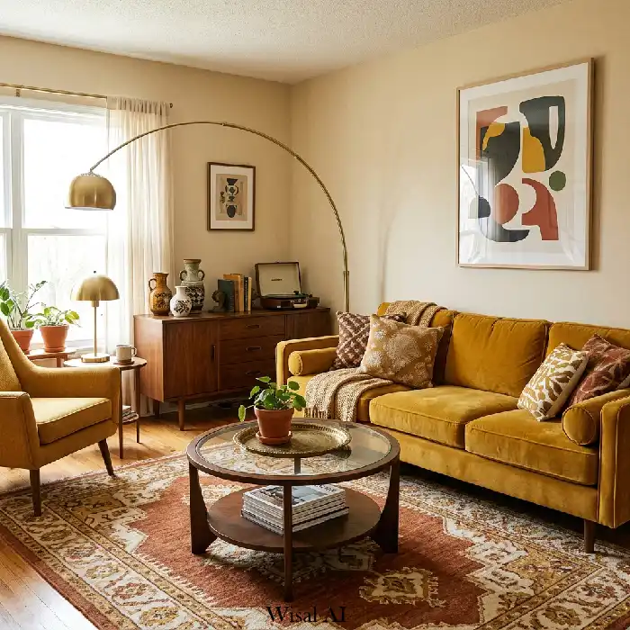 Vintage inspired living room with mustard yellow velvet furniture and retro decor elements