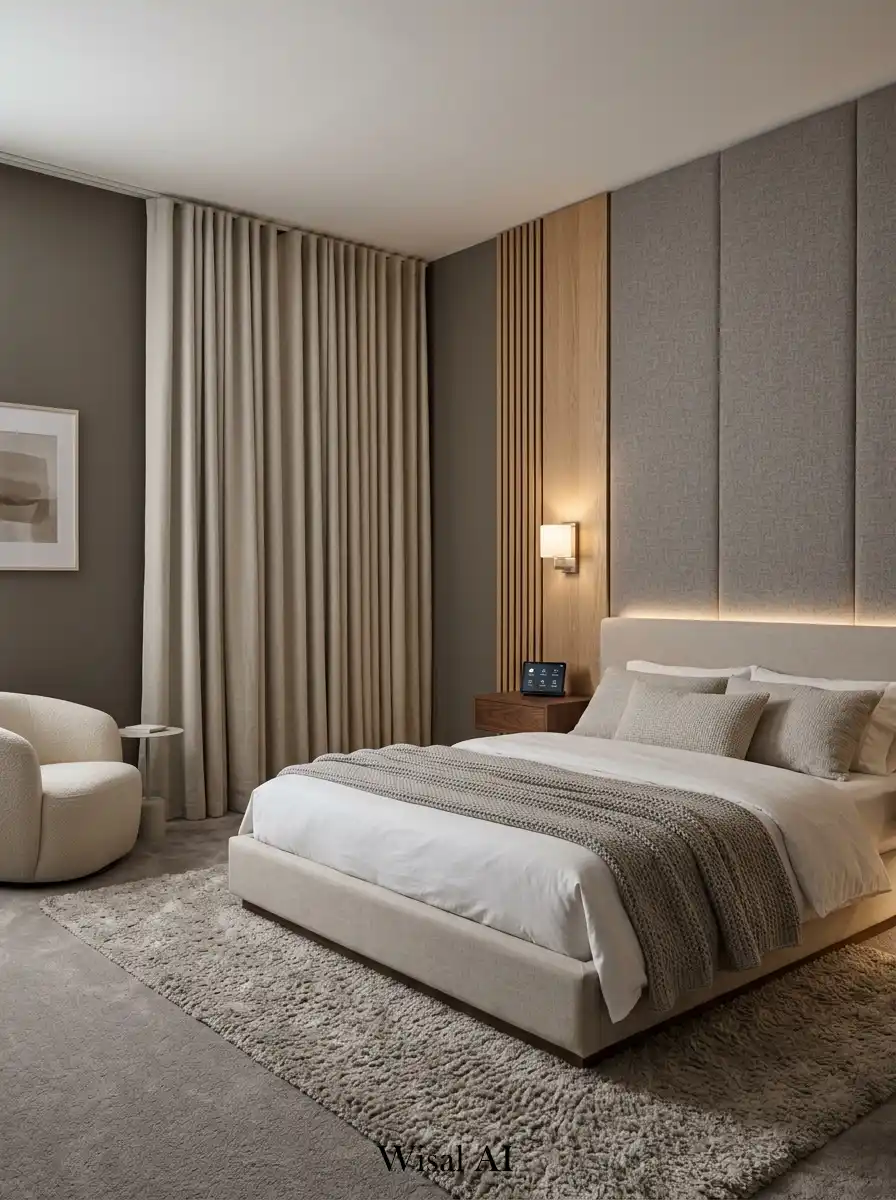 Peaceful bedroom with acoustic soundproofing and calm interior design.