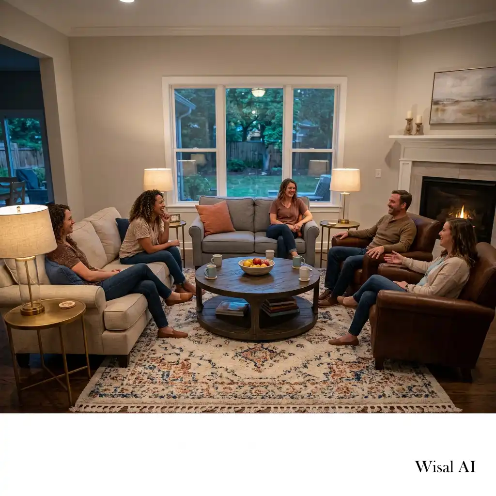 Modern living room furniture arranged to encourage comfortable conversations and everyday relaxation.