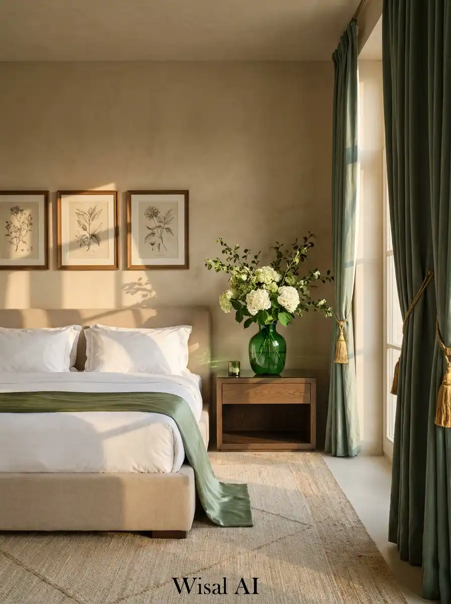 17.Botanical Minimalism: Green and Beige Bedroom Bliss